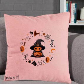 Perna Decorativa Halloween Dovleac Vrajitor Boo cu Simboluri, 40x40 cm, Roz, Husa Detasabila, Perna Inclusa, BEKZ®