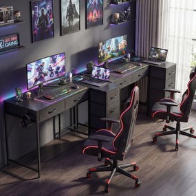 HOMCOM Birou de Colț Reversibil cu Prize și Porturi USB, 126x48 cm Birou în Formă de L cu 6 Sertare din Material Textil, Cârlig Lateral, pentru Computer, Birou, Cameră, Negru | Aosom Romania