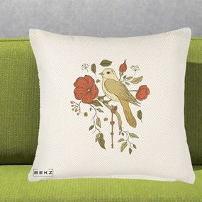 Perna Decorativa Pasare pe Ramura cu Maci, 40x40 cm, Crem Reliefat, Husa Detasabila, Perna Inclusa, BEKZ®