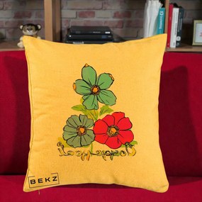Perna Decorativa Trei Flori Grafice Pop Art, 40x40 cm, Galben, Husa Detasabila, Perna Inclusa, BEKZ®
