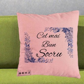 Cadou pentru Socru - Perna Personalizata Cel mai Bun Socru cu Flori Albastre Acuarela, 40x40 cm, Roz, Husa Detasabila, Perna Inclusa, BEKZ®