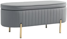 HOMCOM Bancă de Depozitare pentru Intrare Ovală 72L cu Design Scanalat, Capac Ridicabil și Șezut Capitonat, Bancă de la Capătul Patului Pouf în Catifea și Picioare de Lemn de Pin, 108x44x43.5 cm, Gri | Aosom Romania