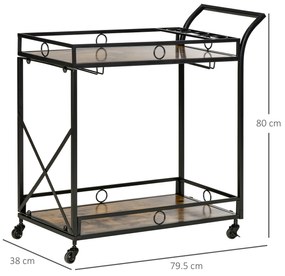 HOMCOM Cărucior de bucătărie 2 rafturi în stil industrial, 4 roți rotative și mâner, 79.5x38x80cm - maro rustic