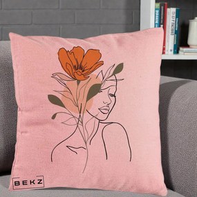 Perna Decorativa Portret Feminin Floare Portocalie, 40x40 cm, Roz, Husa Detasabila, Perna Inclusa, BEKZ®