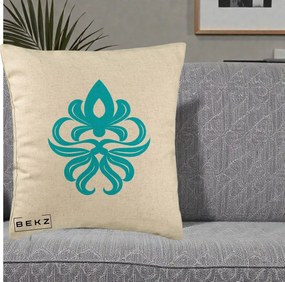 Perna Decorativa Ornament Turcoaz Fleur de Lis, 40x40 cm, Bej, Husa Detasabila, Perna Inclusa, BEKZ®
