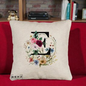 Cadou Personalizat - Perna Personalizata Monogram Litera E cu Flori Acuarela, 40x40 cm, Bej Canapea, Husa Detasabila, Perna Inclusa, BEKZ®