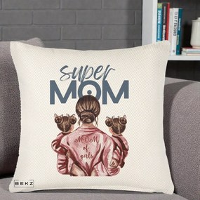 Cadou pentru Mama - Perna Personalizata Super Mom of Girls Mama cu Gemene, 40x40 cm, Crem Reliefat, Husa Detasabila, Perna Inclusa, BEKZ®
