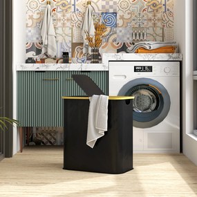 HOMCOM Coș pentru Rufe de 80L cu 2 Secțiuni și Capac din Material Textil și Bambus, 54x34x58,5 cm, Negru | Aosom Romania