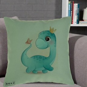 Perna Personalizata Dinozaur Bland Coroana Kawaii, 40x40 cm, Verde, Husa Detasabila, Perna Inclusa, BEKZ®