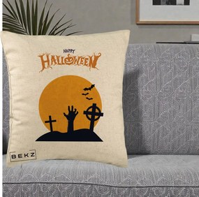 Perna Decorativa Happy Halloween Cimitir cu Luna, 40x40 cm, Bej, Husa Detasabila, Perna Inclusa, BEKZ®