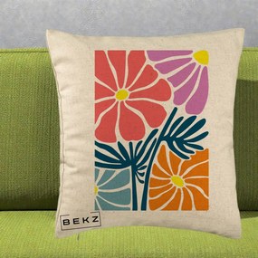 Perna Decorativa Flori Grafice Roz-Orange-Albastru, 40x40 cm, Bej, Husa Detasabila, Perna Inclusa, BEKZ®
