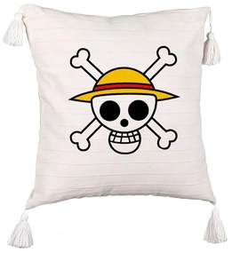 Perna Decorativa cu Franjuri cu One Piece, 45x45 cm, Ecru, Cu fermoar