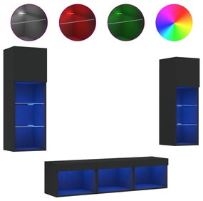 3216598 vidaXL Unități de perete TV cu LED-uri, 5 piese, negru, lemn prelucrat