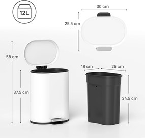 HOMCOM Coș de gunoi dreptunghiular cu pedală 12L din metal, cu găleată interioară detașabilă, închidere lentă, alb | Aosom Romania
