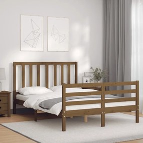3193829 vidaXL Cadru de pat cu tăblie, dublu mic, maro miere, lemn masiv