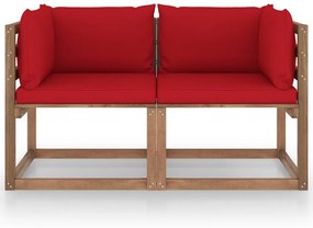 Canapea din paleti de gradina, 2 locuri, perne rosii, lemn pin