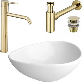 Pachet lavoar pe blat Cersanit Moduo alb 56.5 cm, baterie lavoar Rea Lungo auriu si ventil lavoar Click-Clack auriu