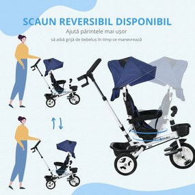 HOMCOM Tricicletă pentru Copii cu Mâner Multifuncțional, Cărucior pentru Copii cu Centură de Siguranță și Coș, 112x50x104 cm, Albastru | Aosom Romania