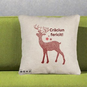 Perna Decorativa Ren Sclipitor Glitter Craciun Fericit, 40x40 cm, Bej Canapea, Husa Detasabila, Perna Inclusa, BEKZ®