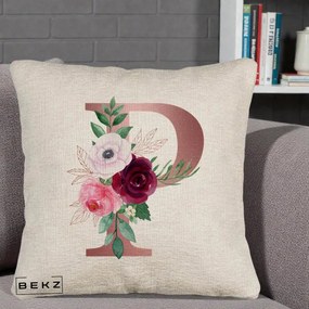 Cadou Personalizat - Perna Personalizata Monograma Rose Gold Litera P, 40x40 cm, Bej Canapea, Husa Detasabila, Perna Inclusa, BEKZ®
