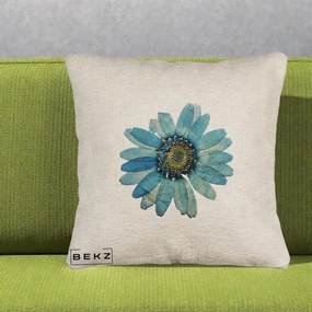 Perna Decorativa Floare Margareta Albastra Acuarela, 40x40 cm, Bej Canapea, Husa Detasabila, Perna Inclusa, BEKZ®