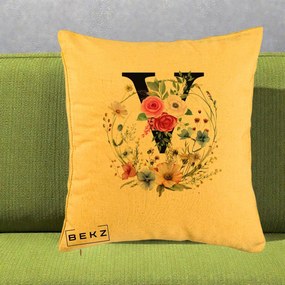 Cadou Personalizat - Perna Personalizata Monograma Florala Litera V cu Coroana, 40x40 cm, Galben, Husa Detasabila, Perna Inclusa, BEKZ®