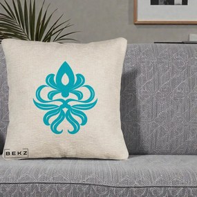 Perna Decorativa Ornament Turcoaz Fleur de Lis, 40x40 cm, Bej Canapea, Husa Detasabila, Perna Inclusa, BEKZ®