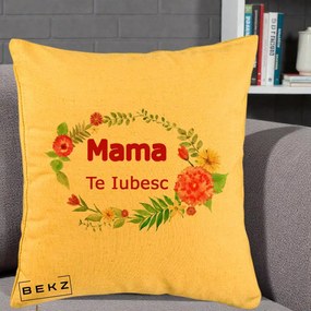 Cadou pentru Mama - Perna Personalizata Mama Te Iubesc Flori Rosii, 40x40 cm, Galben, Husa Detasabila, Perna Inclusa, BEKZ®