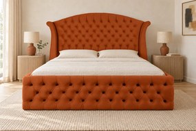 Pat tapițat Chesterfield din catifea Sorella Simple 140×200 cm, cărămiziu, cu ladă de depozitare