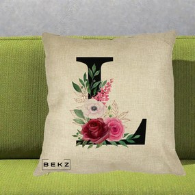 Cadou Personalizat - Perna Personalizata Monograma Florala Litera L, 40x40 cm, Crem, Husa Detasabila, Perna Inclusa, BEKZ®