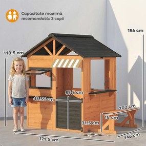 AIYAPLAY Căsuță de Grădină pentru Copii din Lemn de Brad, Căsuță pentru Exterior cu Bucătărie, 4 Ferestre, Ușă Parțială, Bancă, Raft și Acoperiș, pentru Copii 3-8 Ani, 171.5x146x156 cm, Maro | Aosom Romania