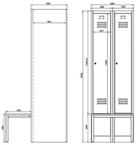 Dulap metalic cu bancheta, 60 x 85 x 185 cm, plinta, inchidere cilindrica, gri - RAL 7035