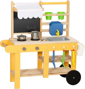 AIYAPLAY Bucătărie de jucărie exterioară din lemn cu roți Apă reală Ghivece Tablă și 15 accesorii 84,2x34,4x90 cm Galben | Aosom Romania