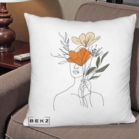 Perna Decorativa Portret Feminin Coroana Florala, 40x40 cm, Alb Pufos, Husa Detasabila, Perna Inclusa, BEKZ®