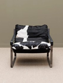 Fotoliu lounge din piele naturală de bovine alb-negru cu structură metalică, „Montaine”