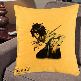 Perna Personalizata Death Note L Lawliet Lanturi, 40x40 cm, Galben, Husa Detasabila, Perna Inclusa, BEKZ®