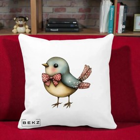 Perna Decorativa Pasare Bleu cu Fundita Rosie, 40x40 cm, Alba Mata, Husa Detasabila, Perna Inclusa, BEKZ®