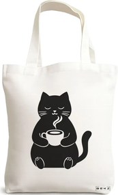 Sacosa de Panza pentru Cumparaturi, Geanta Tote, model Caffeine Cat 9 38 x 34.5 cm, Alba, BEKZ®