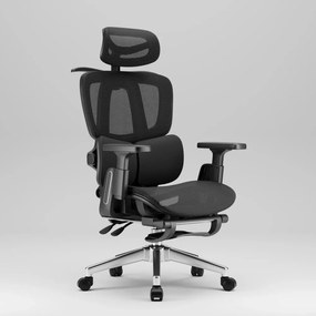 MILANO E06 Executive – Scaun Ergonomic cu Suport Lombar Reglabil în 2 Trepte, Tetieră Reglabilă, Cotiere 3D, Reclinare 135°, Umeraș Integrat, Suport pentru Picioare și Bază Metalică, Mesh, Negru