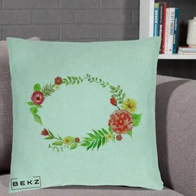 Perna Decorativa Coroana Florala Acuarela, 40x40 cm, Verde Menta, Husa Detasabila, Perna Inclusa, BEKZ®