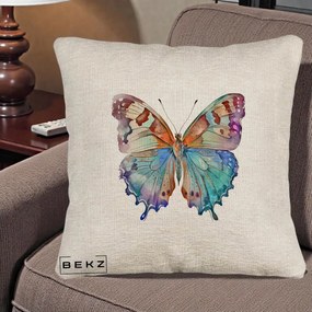 Perna Decorativa Fluture Acuarela Multicolor Portocaliu-Bleu-Mov, 40x40 cm, Bej Canapea, Husa Detasabila, Perna Inclusa, BEKZ®