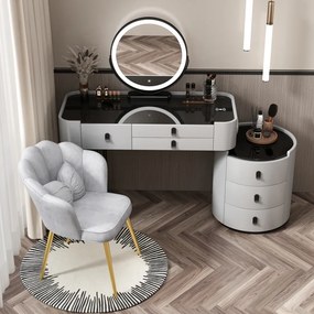 Set Lucia Premium, Masă de toaletă pentru machiaj, incarcare Wireless+USB+USB C, difuzor Bluetooth, oglindă iluminată LED, control touch, trei tipuri culoare, 6 sertare, scaun, 100 cm