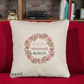 Cadou pentru Bunica - Perna Personalizata Cea Mai Minunata Bunica Coronita Flori Roz, 40x40 cm, Bej Canapea, Husa Detasabila, Perna Inclusa, BEKZ®