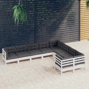 3096984 vidaXL Set mobilier de grădină cu perne, 9 piese, alb, lemn de pin