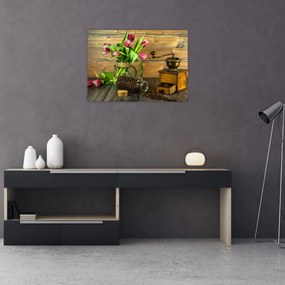 Tablou pe sticlă - lalele, râșniță și cafea (70x50 cm)
