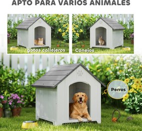 PawHut Casă pentru câini exterior Casă pentru câini mari din plastic cu 2 ferestre Bază ridicată Țăruși Gri | Aosom Romania