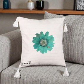 Perna Decorativa Floare Gerbera Teal Acuarela, 40x40 cm, Bej cu Franjuri, Husa Detasabila, Perna Inclusa, BEKZ®