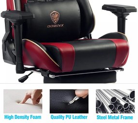 DOWINX Scaun gaming, ergonomic, pernă lombară cu masaj, suport pentru picioare, piele PU matlasata, respirabila, cotiere 4D, rezistent 150 kg, Negru/Rosu