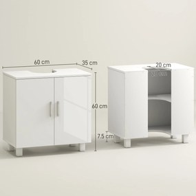 HOMCOM Mobilier Sub Chiuvetă pentru Baie cu 2 Uși, Raft Central, Mâner și Picioare Antiderapante, 60x35x60 cm, Alb Lucios | Aosom Romania
