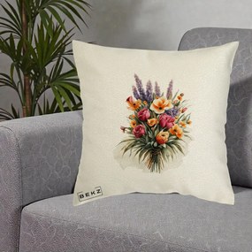 Perna Decorativa Buchet Mixt Acuarela Lavanda-Trandafiri, 40x40 cm, Ecru, Husa Detasabila, Perna Inclusa, BEKZ®